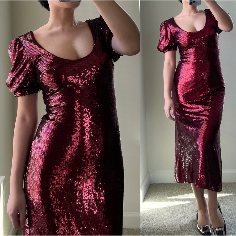 🍉Keepsake Farewell Midi Dress Red Sequined Party Silhouette Puff Sleeves